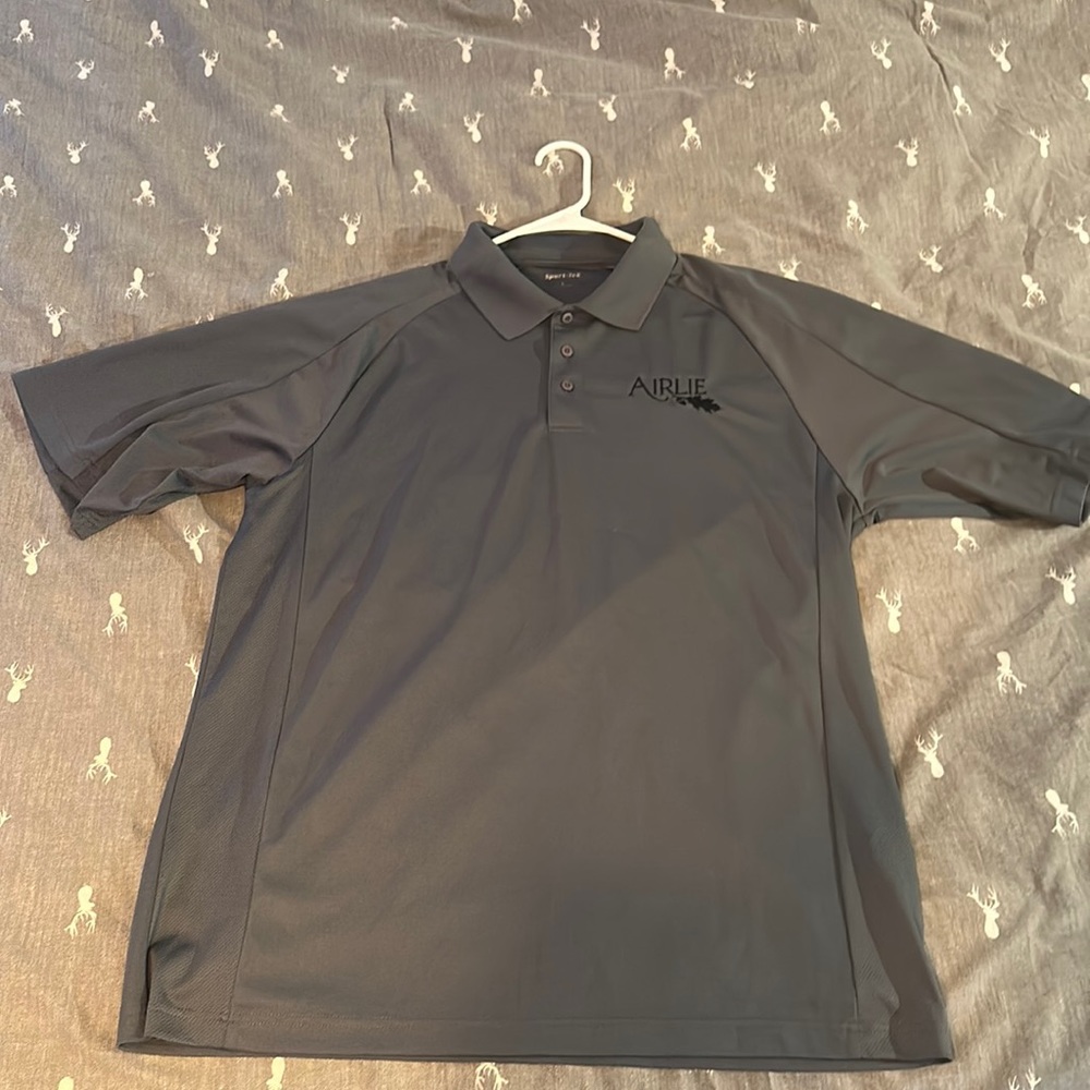 Sport tek large grey polo with Airlie logo.